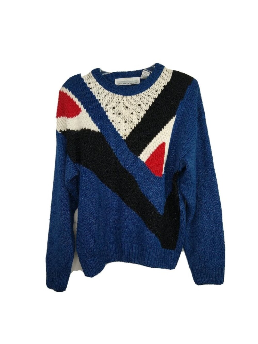 Vtg Bramble Lane Sweater Beaded Women Size L Blue Geometric Metallic Long Slv
